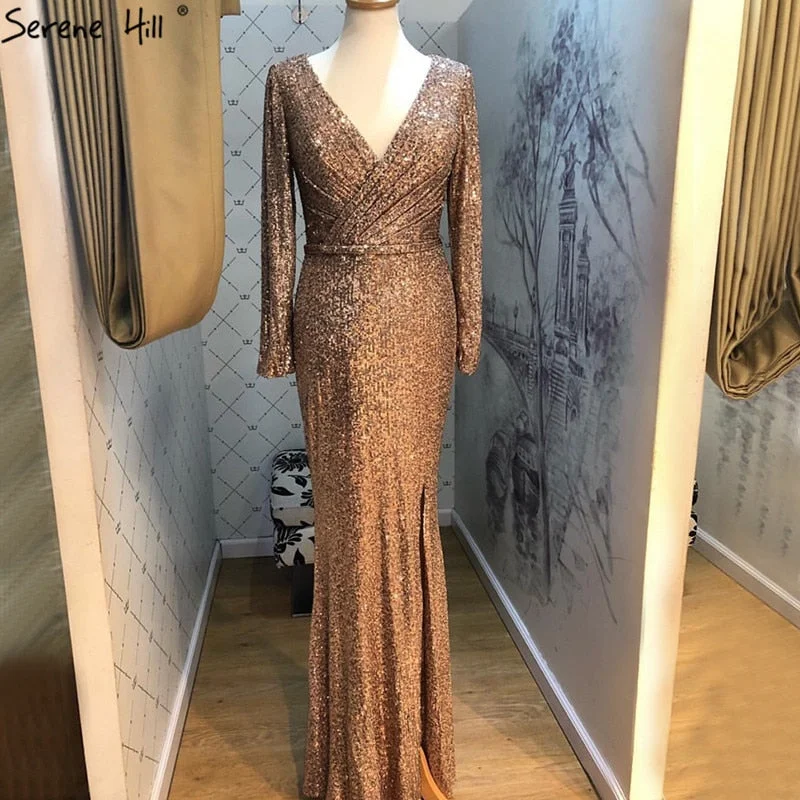 Deal Mania On Sale No Return No Refund Dubai Rose Gold Sequined V-Neck Evening Dresses 2024 Luxury Long Sleeves Sparkle Formal Dress Serene Hill LA60970