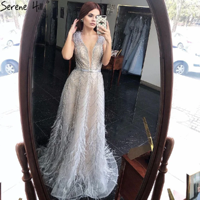 Special Price Serene Hill Silver Nude Luxury Evening Dresses Gowns 2024 Feathers Beading Sexy A-Line For Women Party LA70835 Special Price Serene Hill Silver Nude Luxury Evening Dresses Gowns 2024 Feathers Beading Sexy A-Line For Women Party LA70835