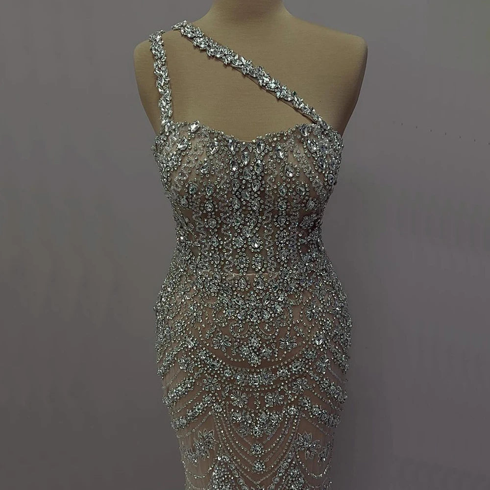 Year-End Sale Serene Hill Customized Elegant Nude One Shoulder Beaded Evening Dresses Gowns for Formal Occasion 2024 LA72791