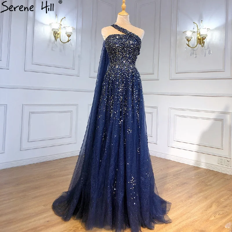 Price Cut Serene Hill Navy Blue One Shouler Cape Sleeve Evening Dresses Gowns 2024 A-Line Beaded Luxury For Woman Party LA71432
