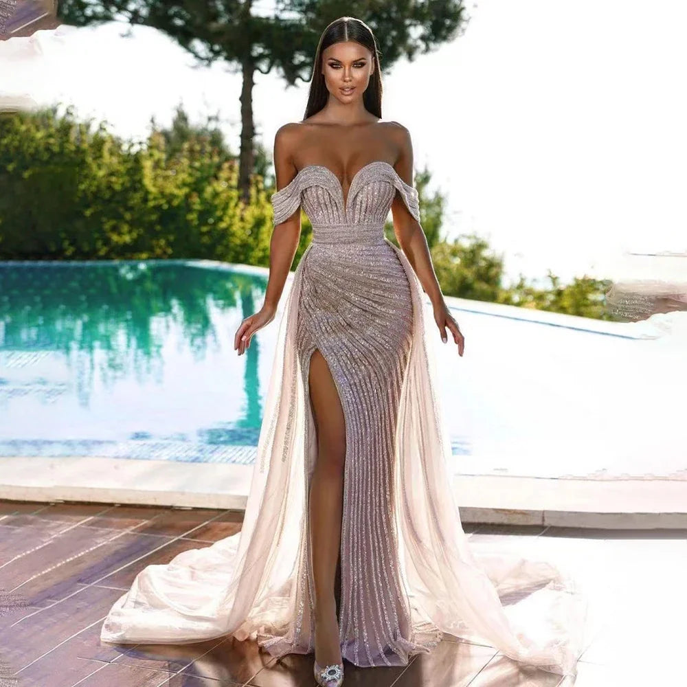 YEAR-End Sale Serene Hill Nude Mermaid Elegant With Overskirt  Off  Shoulder Beaded Split Evening Dresses Gowns For Woman Party 2024 LA71728