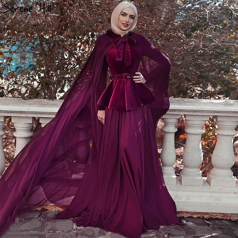 Overstock On Sale no return no refundSale Muslim Wine Red Long Sleeves Evening Dresses 2024 Long Shawl Sashs A-Line Simple Fromal Dresses Serene Hill LA70278