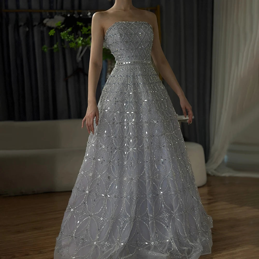 Weekend Deal Serene Hill 2024 Arabic Gray A Line Elegant Strapless Beaded Long Evening Dresses Gowns for Formal Occasion LA72755