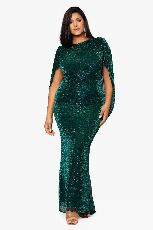 New Deals Plus "Tamsin" Long Metallic Knit Long Sleeve Drape Dress