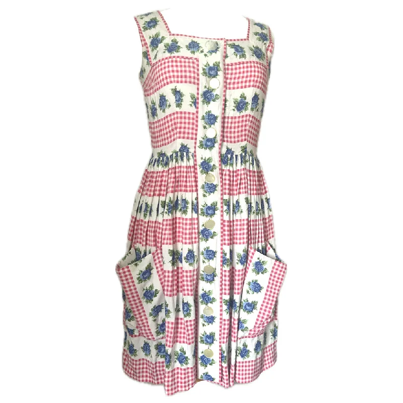 Holiday Sale Pink and white gingham cotton vintage 1950s day dress with blue roses