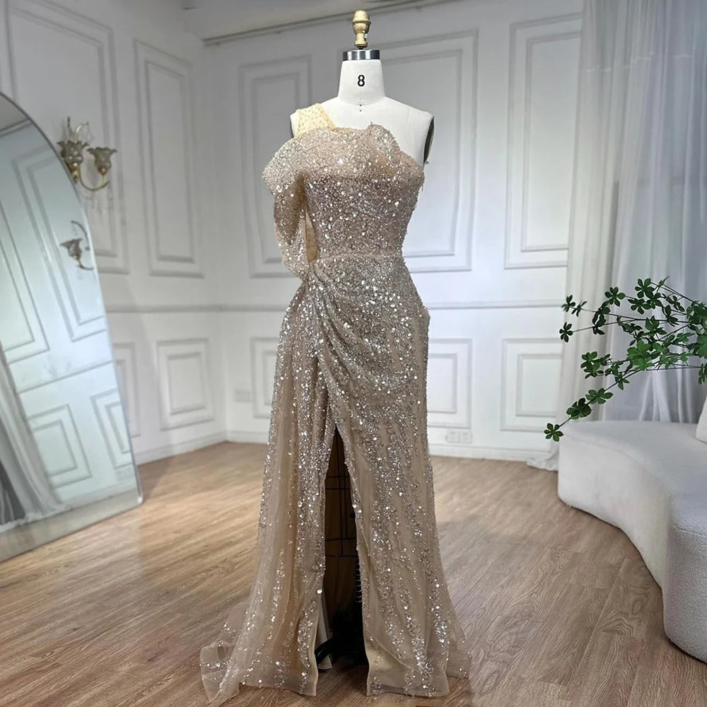 Loyalty Reward Serene Hill 2024 Nude One Shoulder Split Beaded Dubai Luxury Mermaid Evening Dresses Gowns for Women Wedding Party LA72385