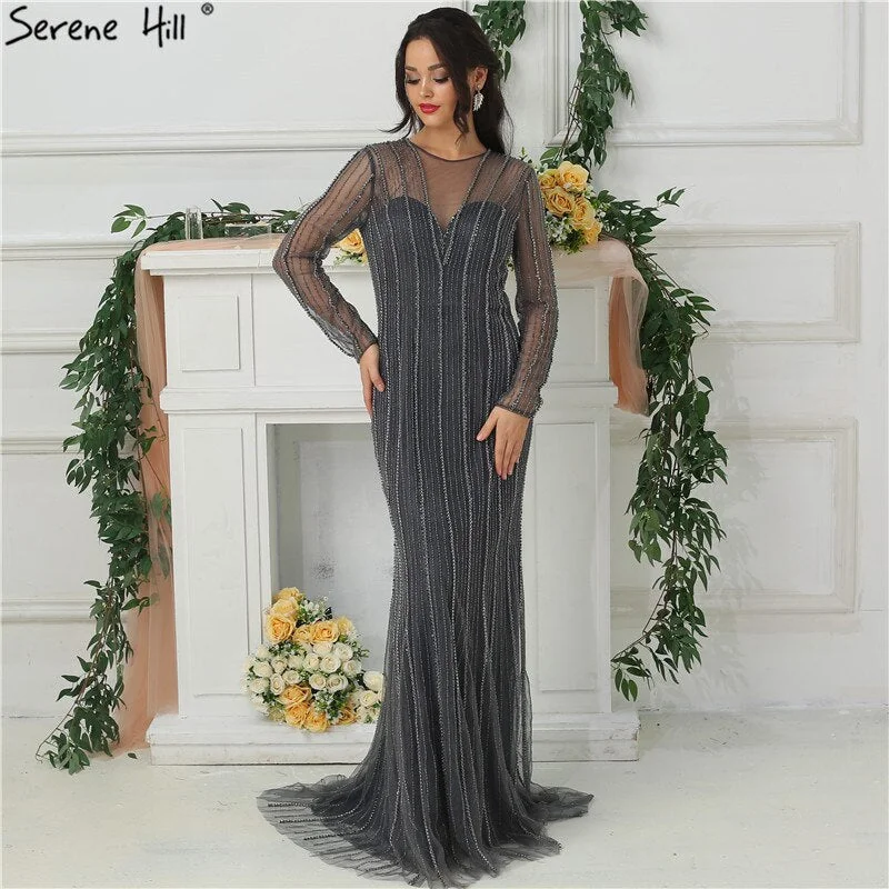 Stock Up and Save Sale Dubai New Gold Fashion Mermaid Evening Dresses 2024 Long Sleeves Beading Sexy Luxury Evening Party Dress LA6629