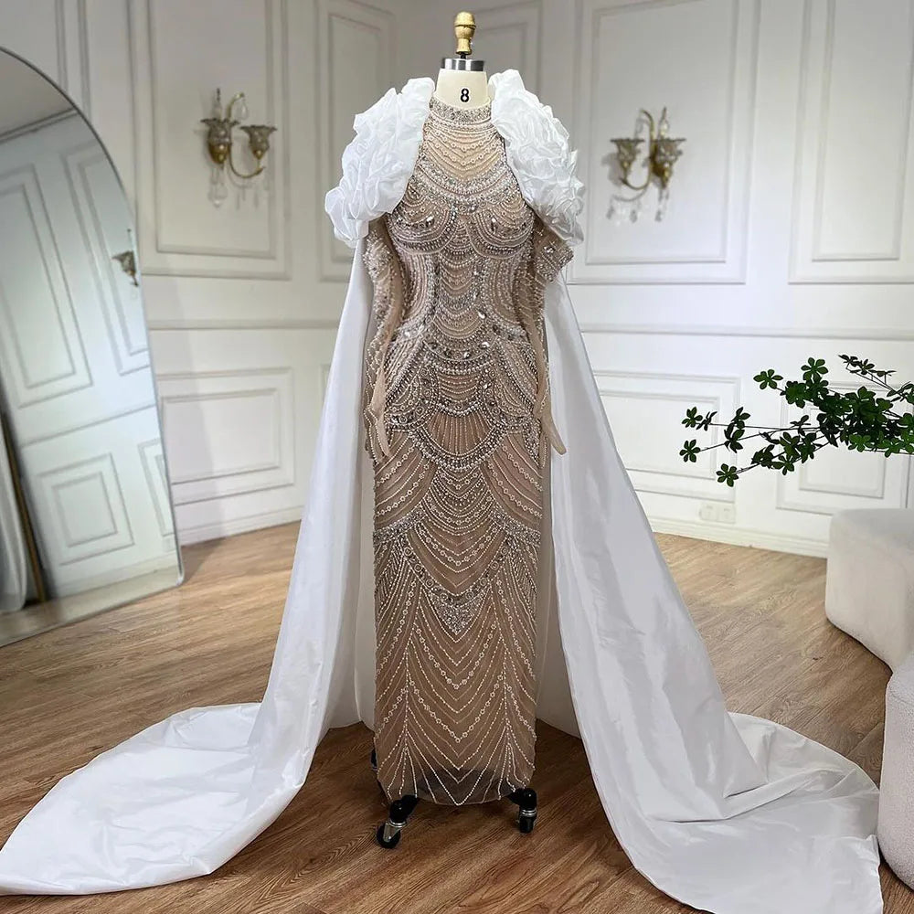 Great Deals Serene Hill Arabia Nude Pearls Beaded Mermaid Long Cloak Luxury Dubai Evening Dresses Gowns For Women Wedding Party LA72091C