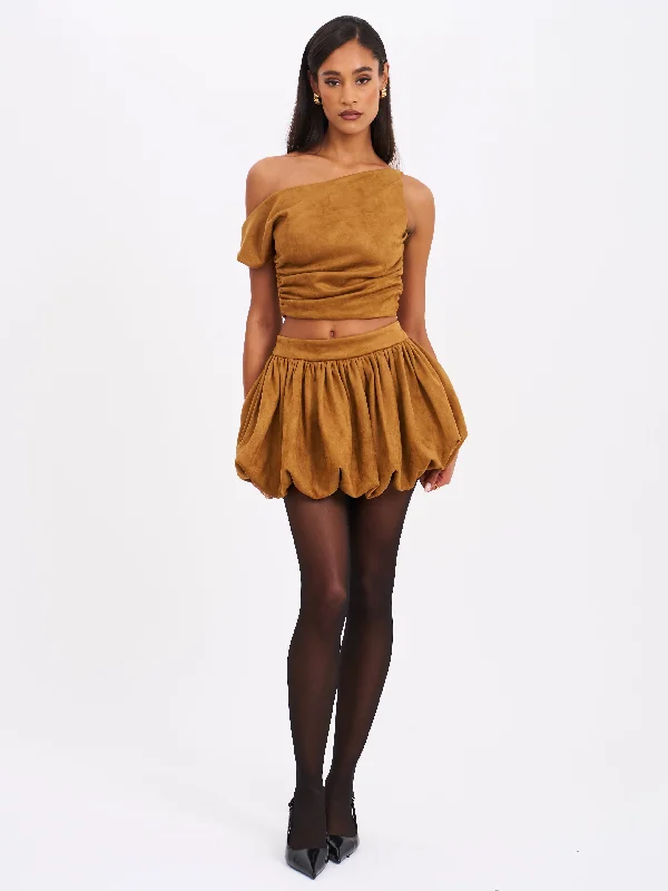 Weekend Flash Sale Yuna Brown Suede Bubble Hem Skirt