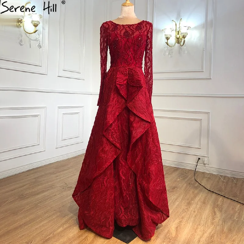 Weekend Deal Serene Hill Muslim Wine Red Luxury Evening Dresses Gowns 2024 A-Line Beading Crystal For Women Party LA70967