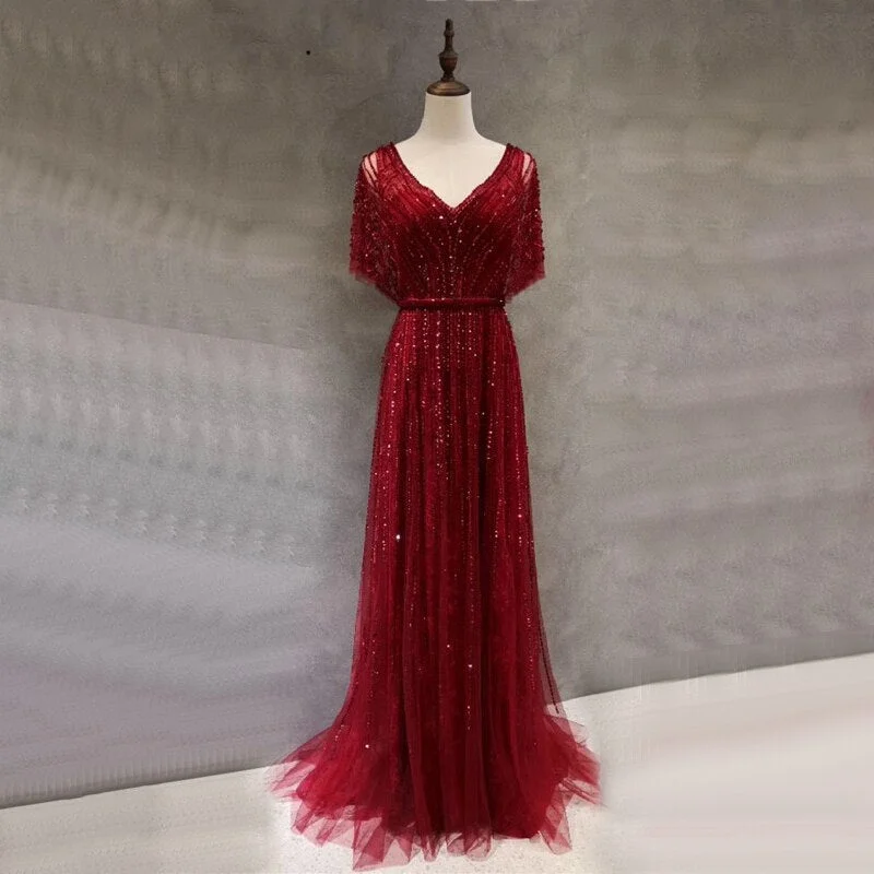 Fantastic Deals Serene Hill Dubai Red Luxury A-Line Sexy Evening Dresses 2024 Half Sleeves Beading Crystal Formal Dress Design Real Photo LA70458