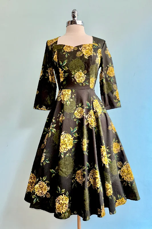 Special Promotion Black and Gold Floral Inez Dress by Hearts & Roses London