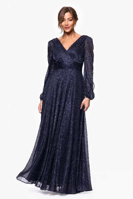 Act Now "Cheryl" Long Sleeve V Neck Metallic Knit Floor Length Dress