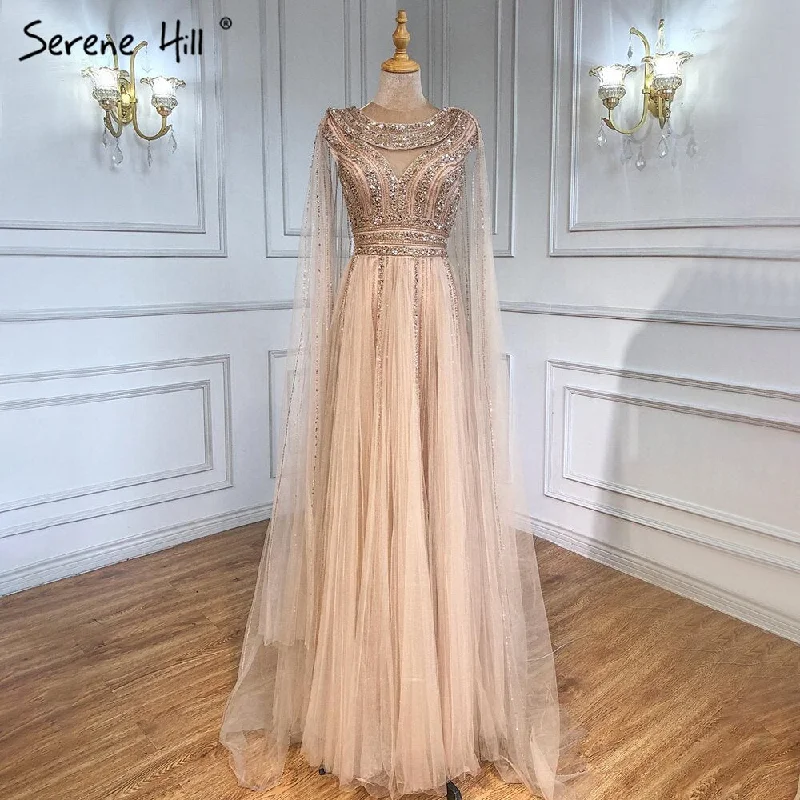 Limited Time Offer Serene Hill Gold Cape Sleeves A-Line Evening Dresses Gowns 2024 Luxury Beaded For Women Party LA71315