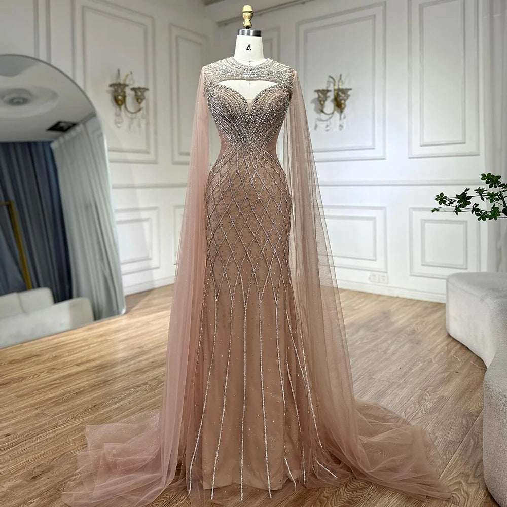 Special Savings Serene Hill 2025 Customized Arabic Nude Cape Sleeves Beaded Saudi Evening Dresses Gowns for Formal Occasion LA72814