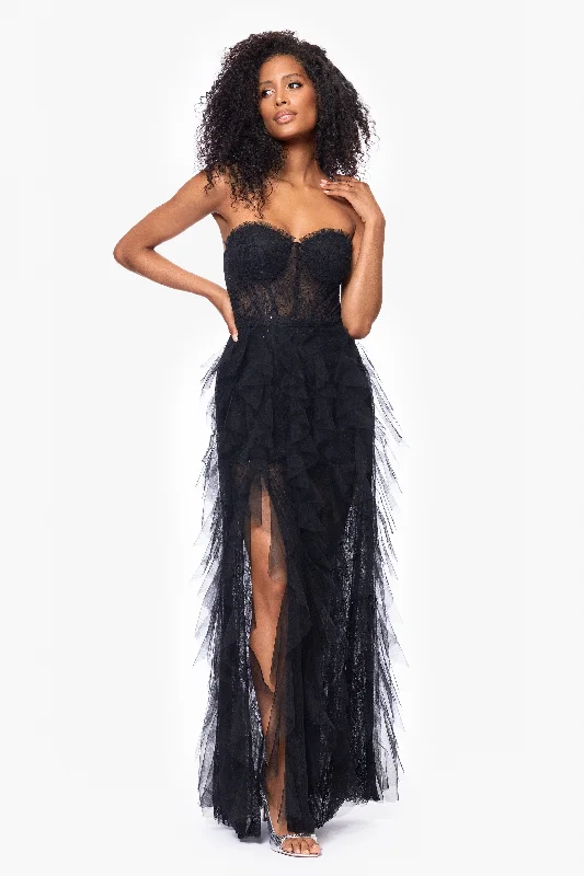 Overstock "Angelina" Long Strapless Mesh Floor Length Ruffle Dress
