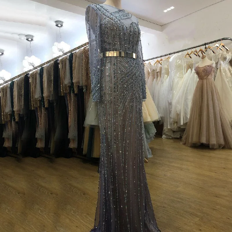 Online Only Serene Hill Muslim Blue Luxury Evening Dresses Gowns 2024 Mermaid Elegant Beaded Sashes For Women Party LA71429