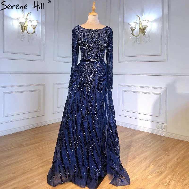 Special Discount Muslim Navy Blue Overskirt Evening Dresses Gowns 2024 Mermaid Elegant For Women Party Serene Hill LA71382