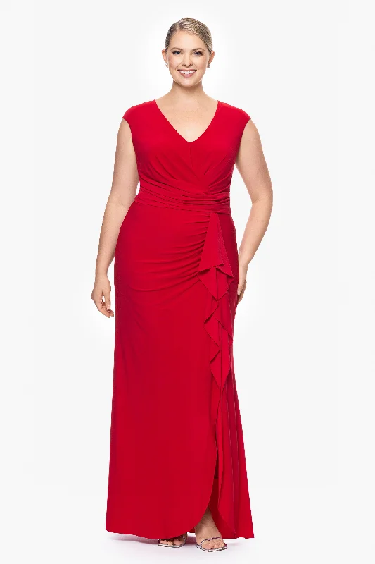 Exclusive Preview Plus "Marianne" Long Jersey Knit V-Neck Ruffle Dress