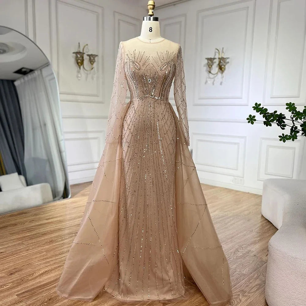 Limited Time Serene Hill Muslim Beige Elegant Overskirt Mermaid Luxury Beaded Gold Evening Dresses Gowns 2024 For Woman Party LA72528