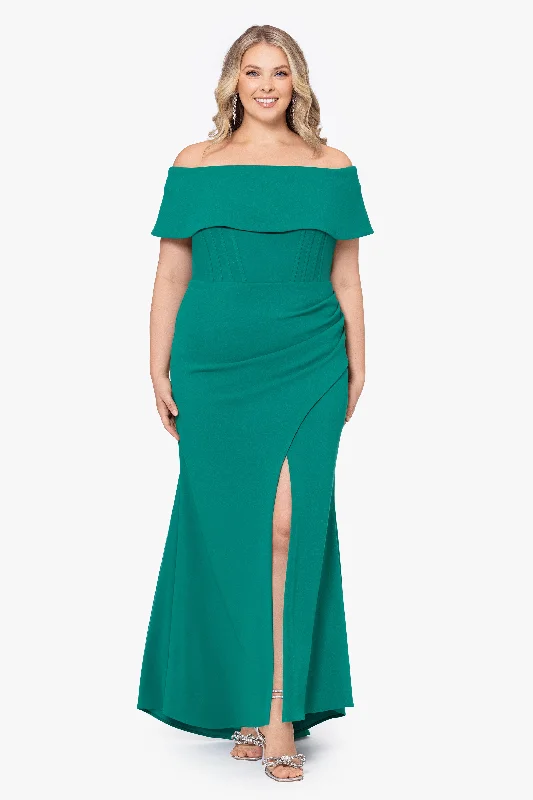 Unmissable Offer Plus "Ellie" Scuba Crepe Off the Shoulder Boning Gown