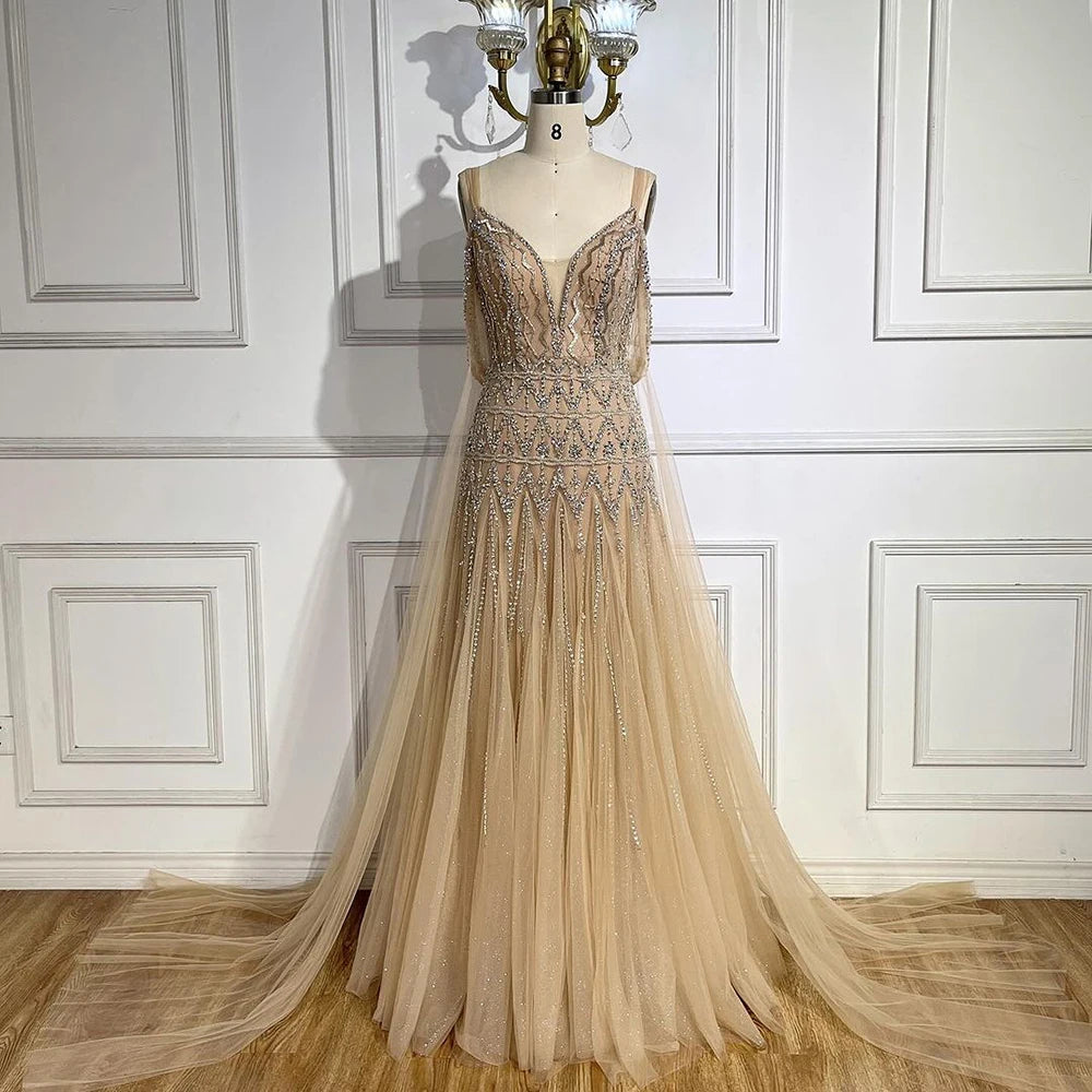 Super Deal Serene Hill Arabic Nude A Line Spaghetti Strap Beaded Luxury Dubai Evening Dresses Gowns For Women Wedding Party 2024 LA71911L