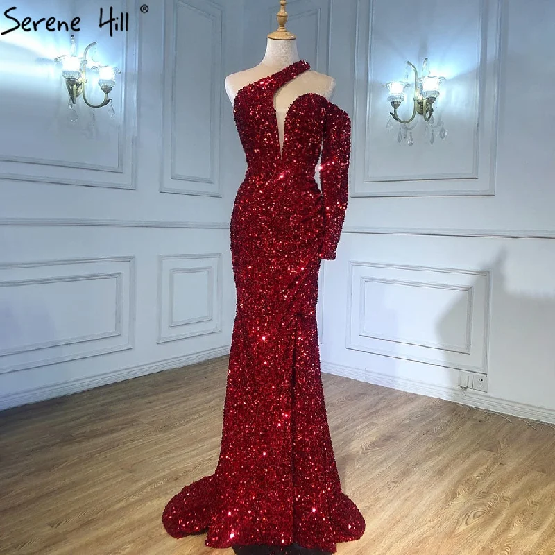 Sale Event Serene Hill Wine Red Mermaid Sparkle Evening Dresses Gowns 2024 Luxury Elegant One Shoulder For Women Party LA71306