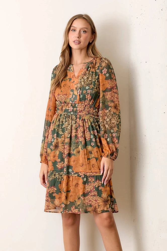 Price Drop Green and Orange Floral Mini Dress