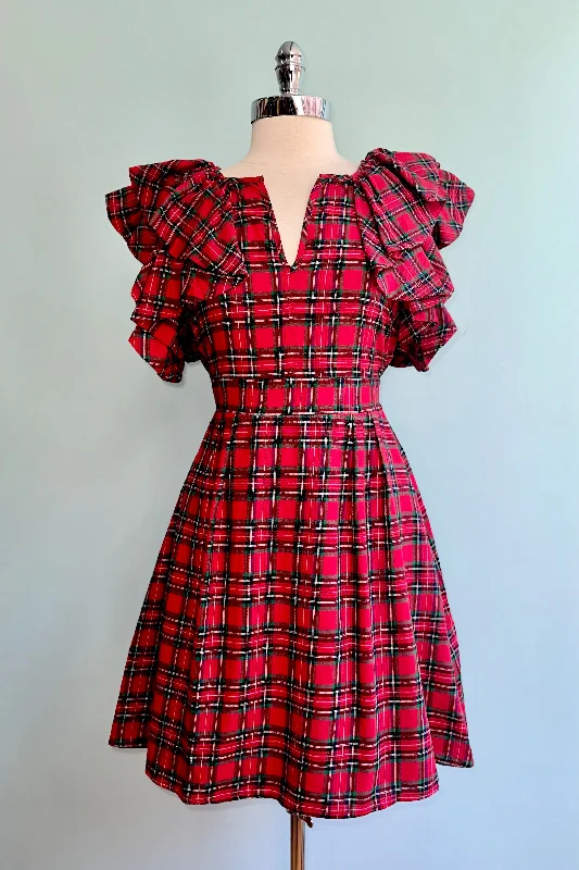 Massive Deals Red Plaid Ruffle Sleeve Wilma Mini Dress