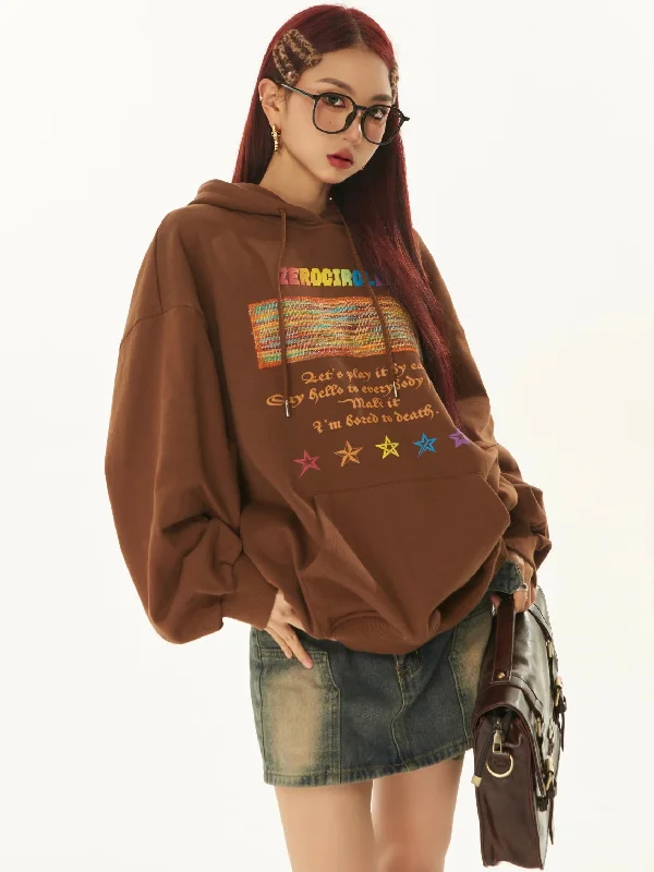 Online Only ZEROCIRCLE Rainbow Graphic Letter Print Solid Color Brown Long Sleeve Hoodie