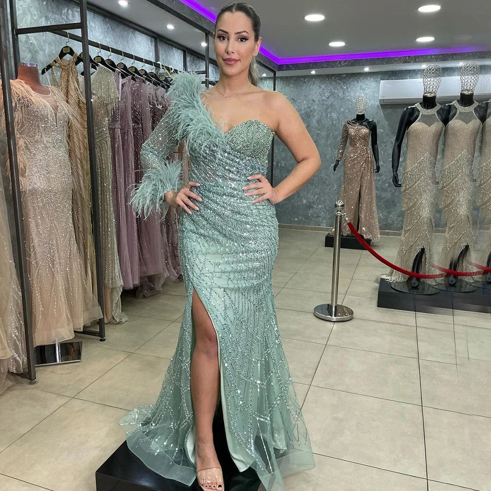 Online Only Serene Hill Blue One Shoulder Mermaid Evening Dresses Gowns Beaded Feather Elegant Luxury 2024 For Women Party LA71612 Online Only Serene Hill Blue One Shoulder Mermaid Evening Dresses Gowns Beaded Feather Elegant Luxury 2024 For Women Party LA71612