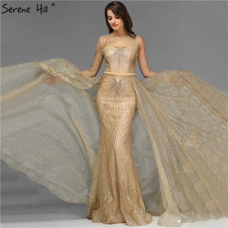 Mega Sale On Sale no return no refundSale Dubai Luxury Gold One Shoulder Evening Dresses 2024 Mermaid Sexy Glitter Evening Gowns Design Serene Hill LA70044