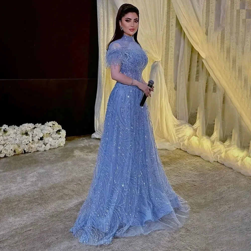 Weekend Special Serene Hill 2024 Arabic blue A Line Short Sleeveless Luxury Evening Dresses Beaded Feathers For Women Wedding Party LA72351 Weekend Special Serene Hill 2024 Arabic blue A Line Short Sleeveless Luxury Evening Dresses Beaded Feathers For Women Wedding Party LA72351
