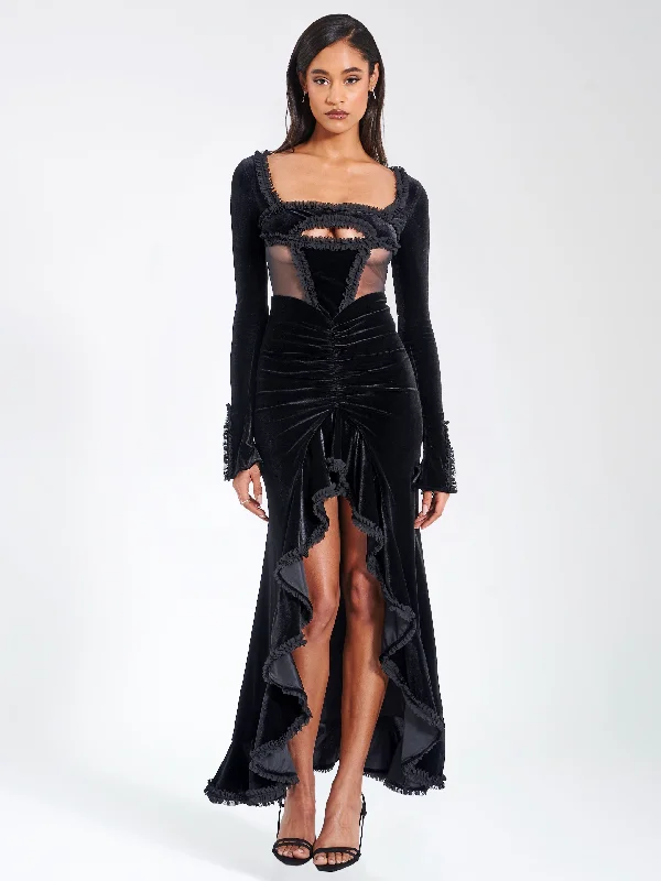 Great Deals Maeve Black Velvet and Mesh Long Sleeve Maxi Dress