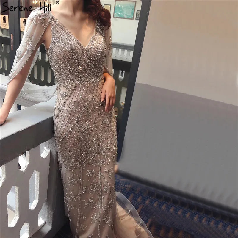 Major Savings Dubai Grey Nude  Sexy Evening Dresses 2024 Crystal Sleeveless Shawl Yarn Formal Serene Hill LA70382