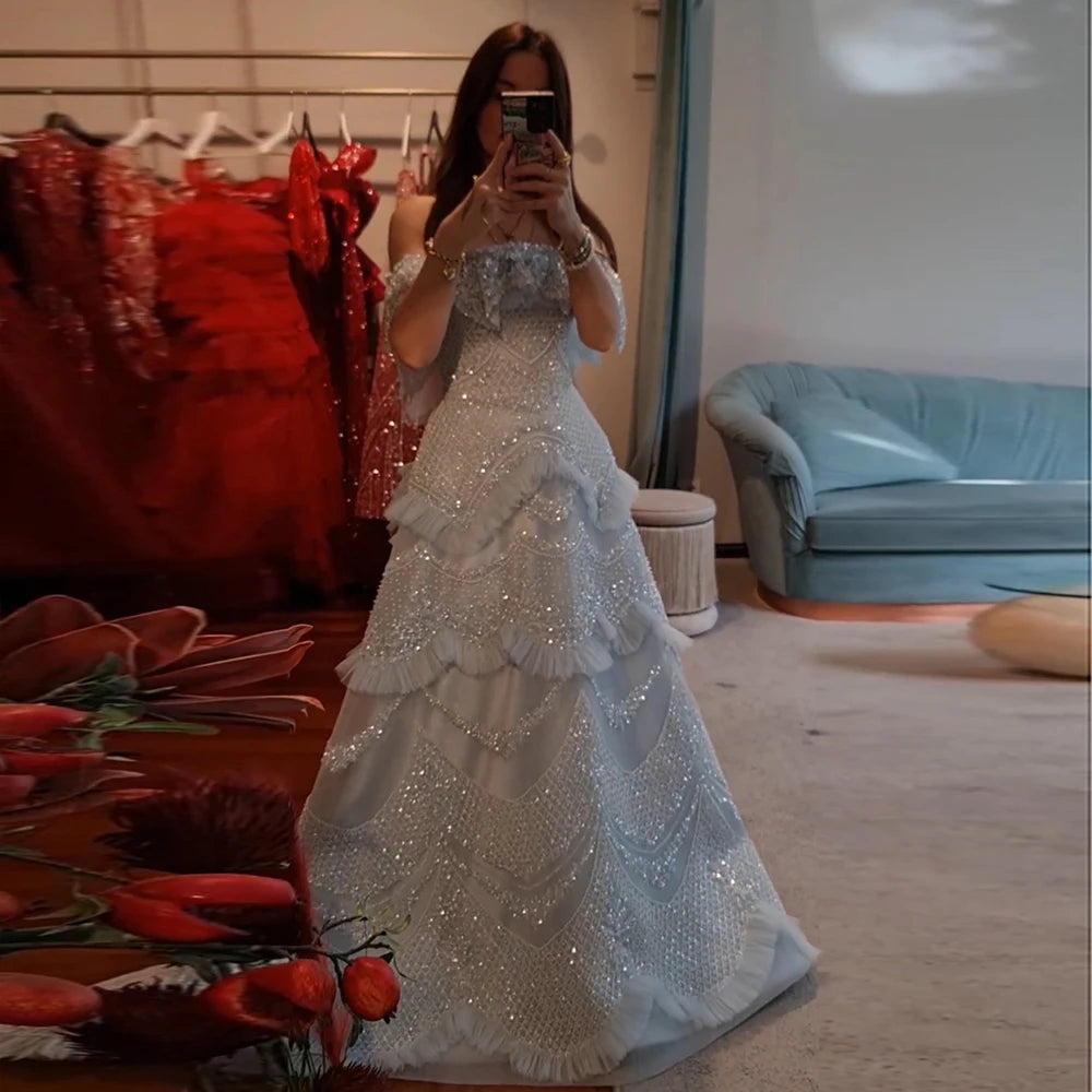 Unmissable Offer Serene Hill 2024 Arabic Gray A-Line Off-The-Shoulder Beaded Luxury Saudi Evening Gown for Formal Occasion LA72762
