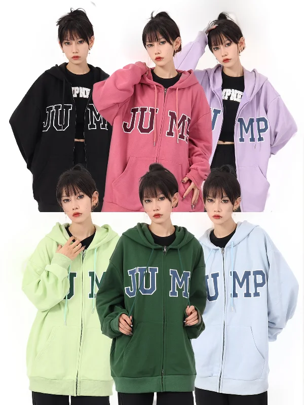 Bargain Bin JUMP Big Logo Zip Up Loose Casual Long Sleeve Hoodie