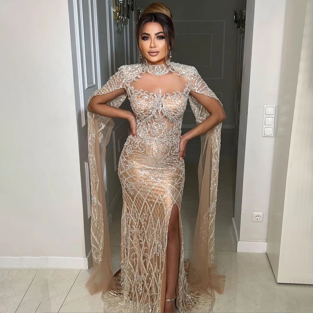The Best Prices Serene Hill Nude Mermaid Elegant High Collar Cape Sleeves Luxury Beaded Evening Dresses Gowns 2024 For Women Party LA71747