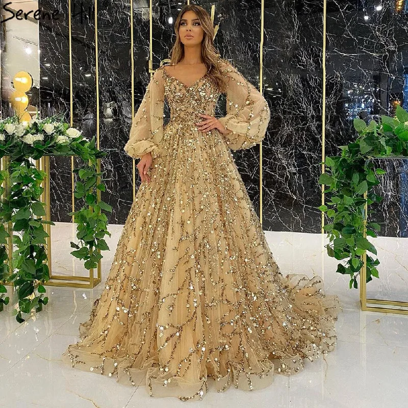 Unbeatable Prices Serene Hill Muslim Gold Luxury A-Line Evening Dreses Gowns 2024 Puff Sleeves Beaded Sexy Formal Woman Party LA71049