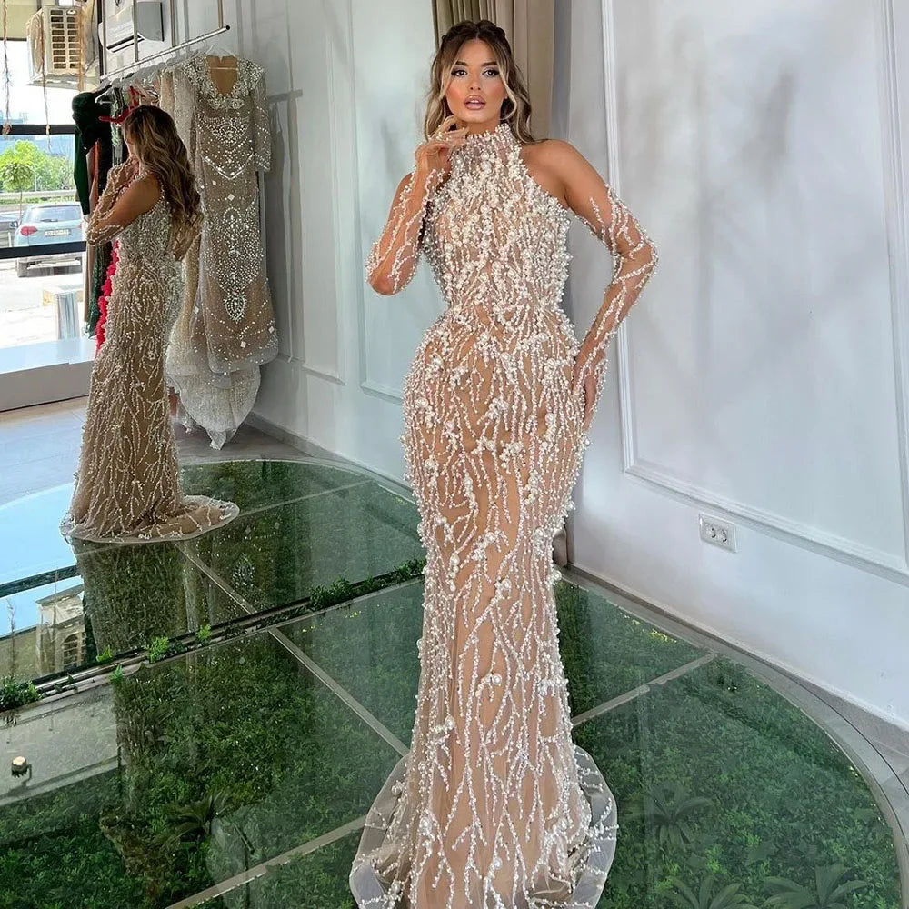 Friends and Family Sale Serene Hill Dubai Luxury Pearls Beaded Evening Dresses Gowns 2024 for Women White Nude Mermaid for Wedding Parties LA72345