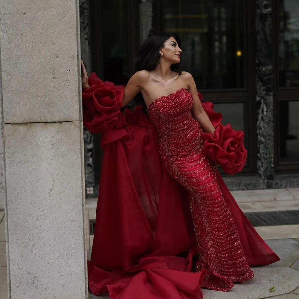 Early Access Serene Hill Red Long Cape Mermaid Evening Dresses Gowns with Puff Sleeves Beaded Overskirt and Design for Women's Party LA72585