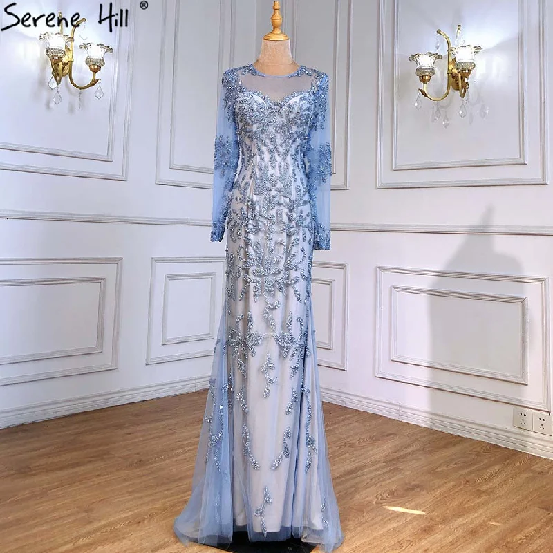 Final Clearance Serene Hill Muslim Blue Mermaid Evening Dresses Gowns 2024 Luxury Elegant Beaded For Women Party LA71479