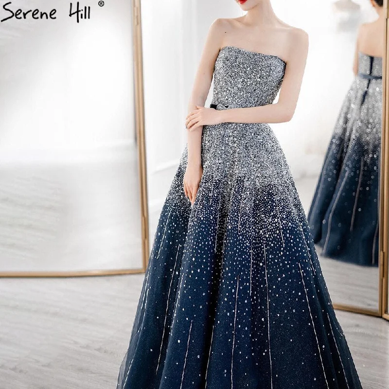 Hurry In Serene Hill Blue Luxury Strapless Evening Dresses Gowns 2024 Beaded Bling A-Line Luxury For Women Party LA71157