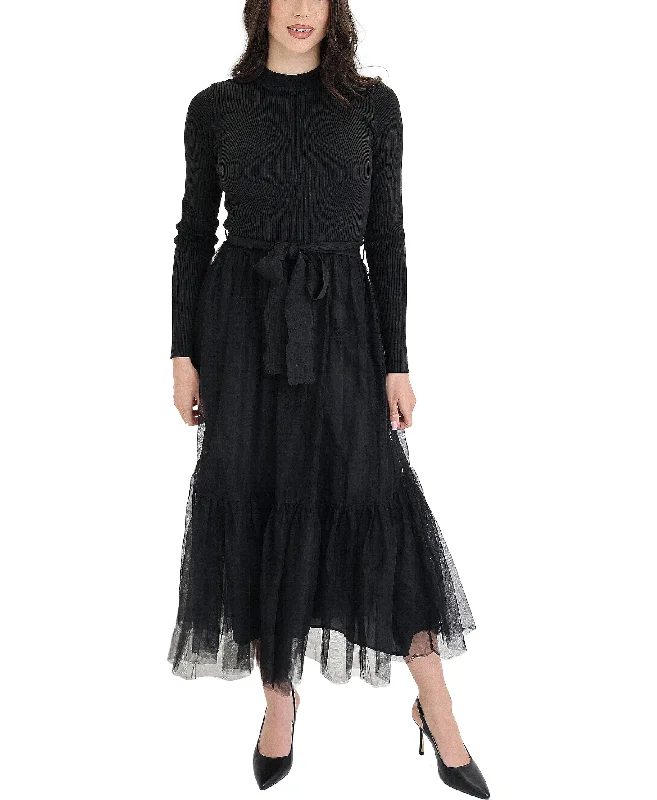Can't Miss Knit Ribbed Tulle Midi Dress