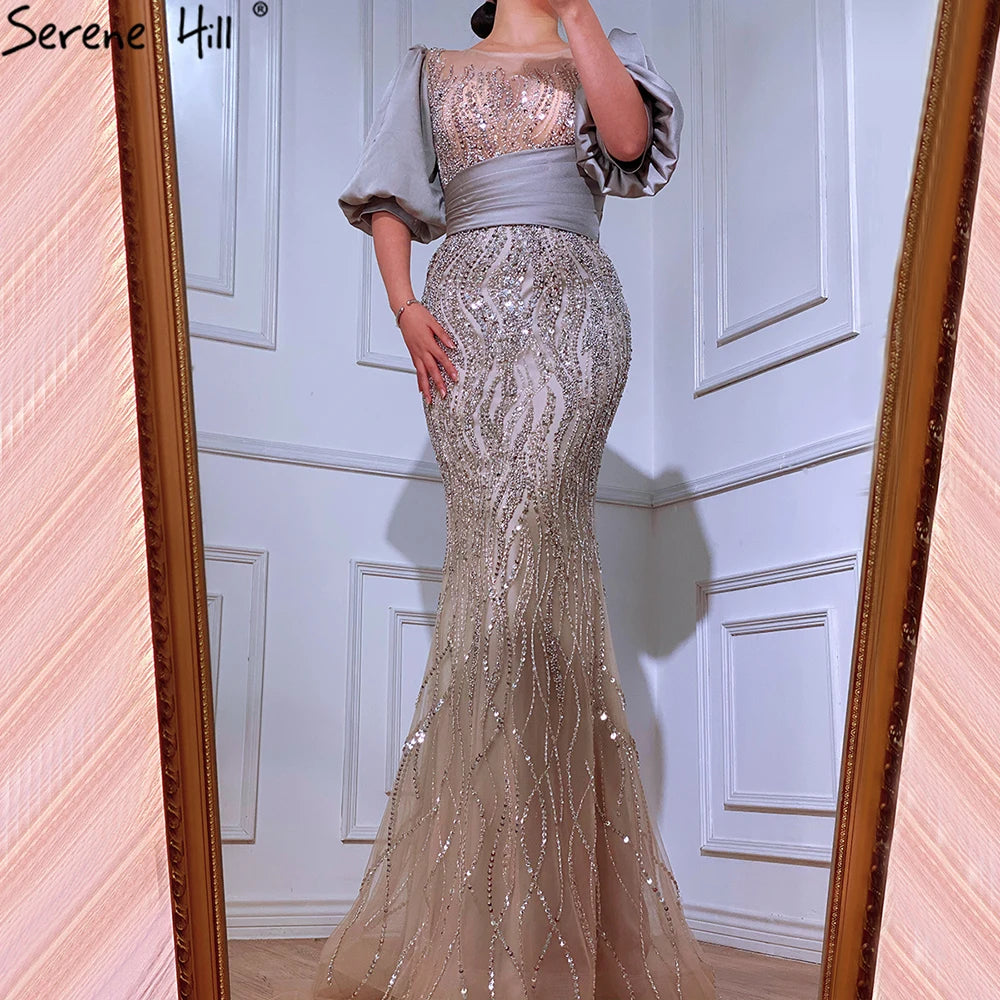 Price Drop Alert Serene Hill Silver Nude Luxury Mermaid  Beaded Evening Dresses Gowns  Puffy Sleeves Elegant For Women Party  LA70809