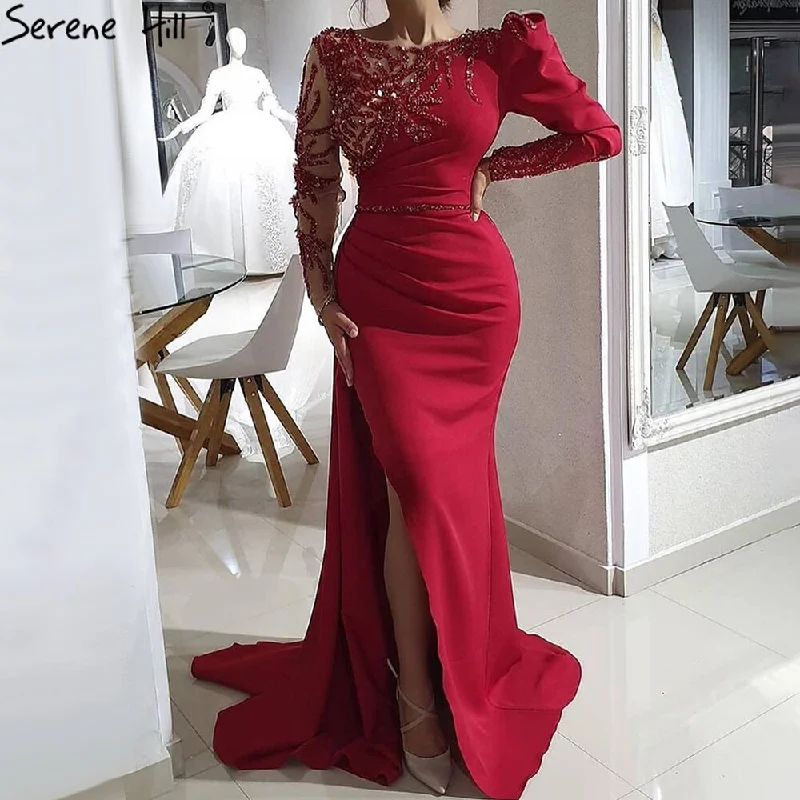 Today’s Special Serene Hill Red Mermaid Split Evening Dresses Gowns 2024 Satin Beading Elegant Sexy For Women Party LA70992