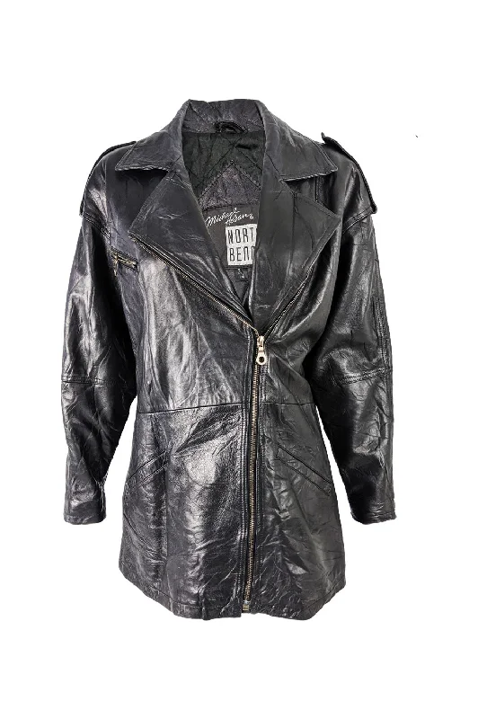 New Deals Vintage Womens Black Leather Biker Jacket, 1980s