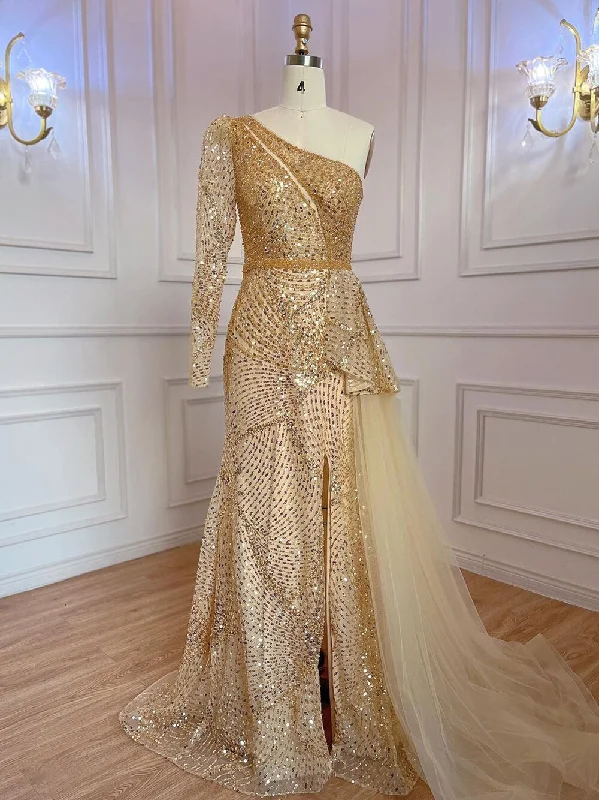Big Discounts Serene Hill Gold Elegant Mermaid Sexy One Shoulder High Split Beaded Luxury Evening Dresses Gowns For Women Party 2024 LA71890