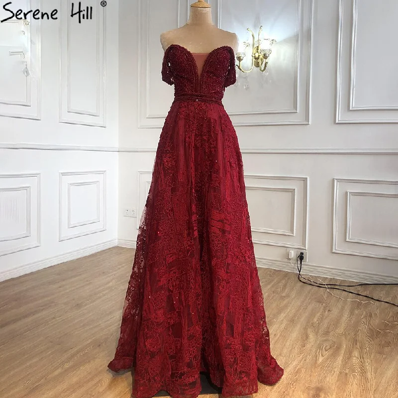 Final Clearance Serene Hill Wine Red A-Line Luxury Evening Dresses Gowns 2024 Crystal Sweetheart Sexy For Women Party LA71025