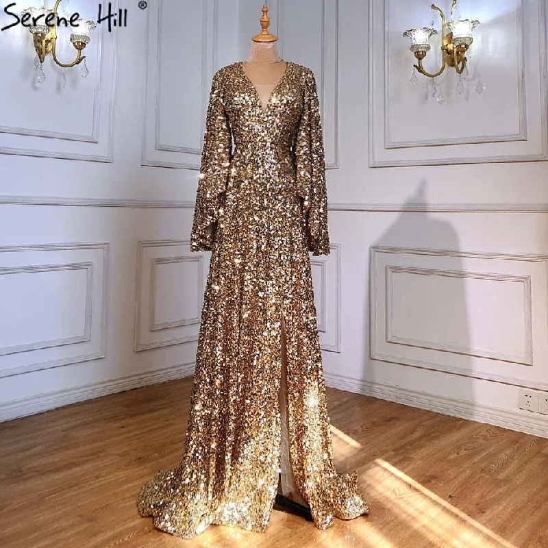 Great Deals Serene Hill Gold A-Line High Split Evening Dresses Gowns 2024 Luxury Flare Sleeve For Woman Wedding Party LA71395